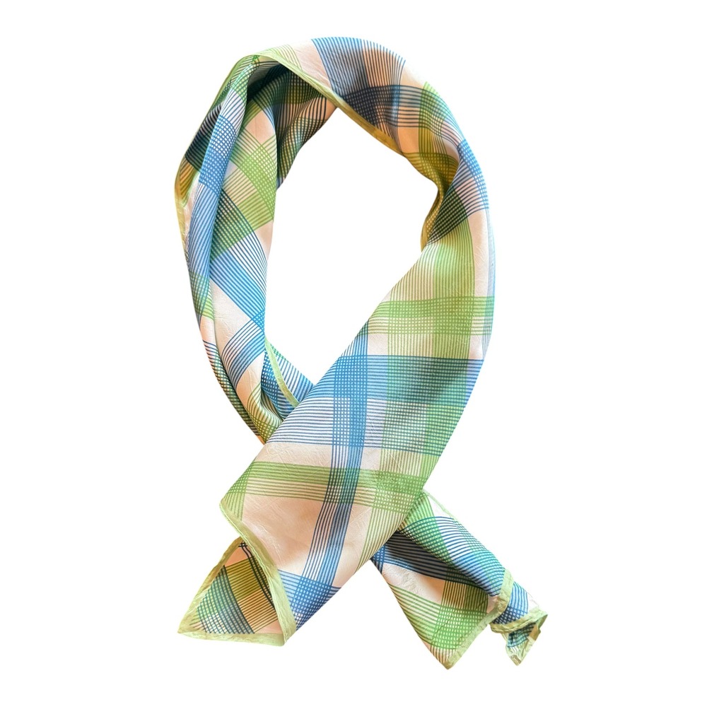 Vintage Plaid Scarf Blue Green White Floral Jacquard Rectangle Neck Wrap